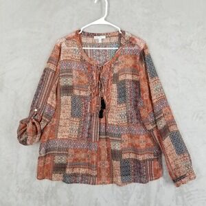 Pale Sky Tunic Womens XXL Multicolor Patchwork Metallic Boho Peasant Flowy Top